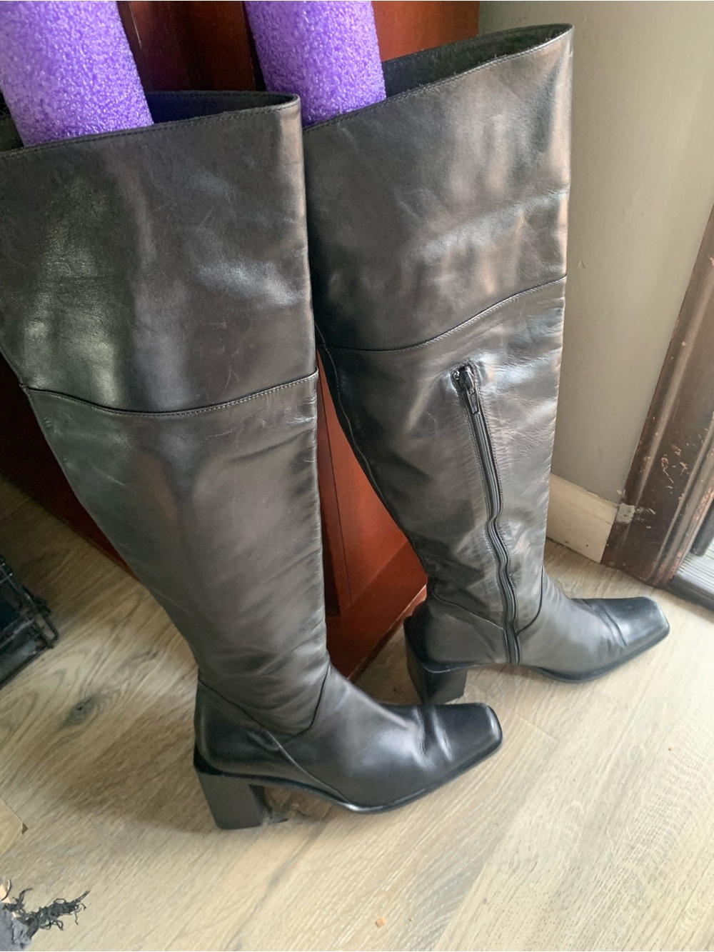 Classic Black Over-the-Knee Leather Block Heel Boots